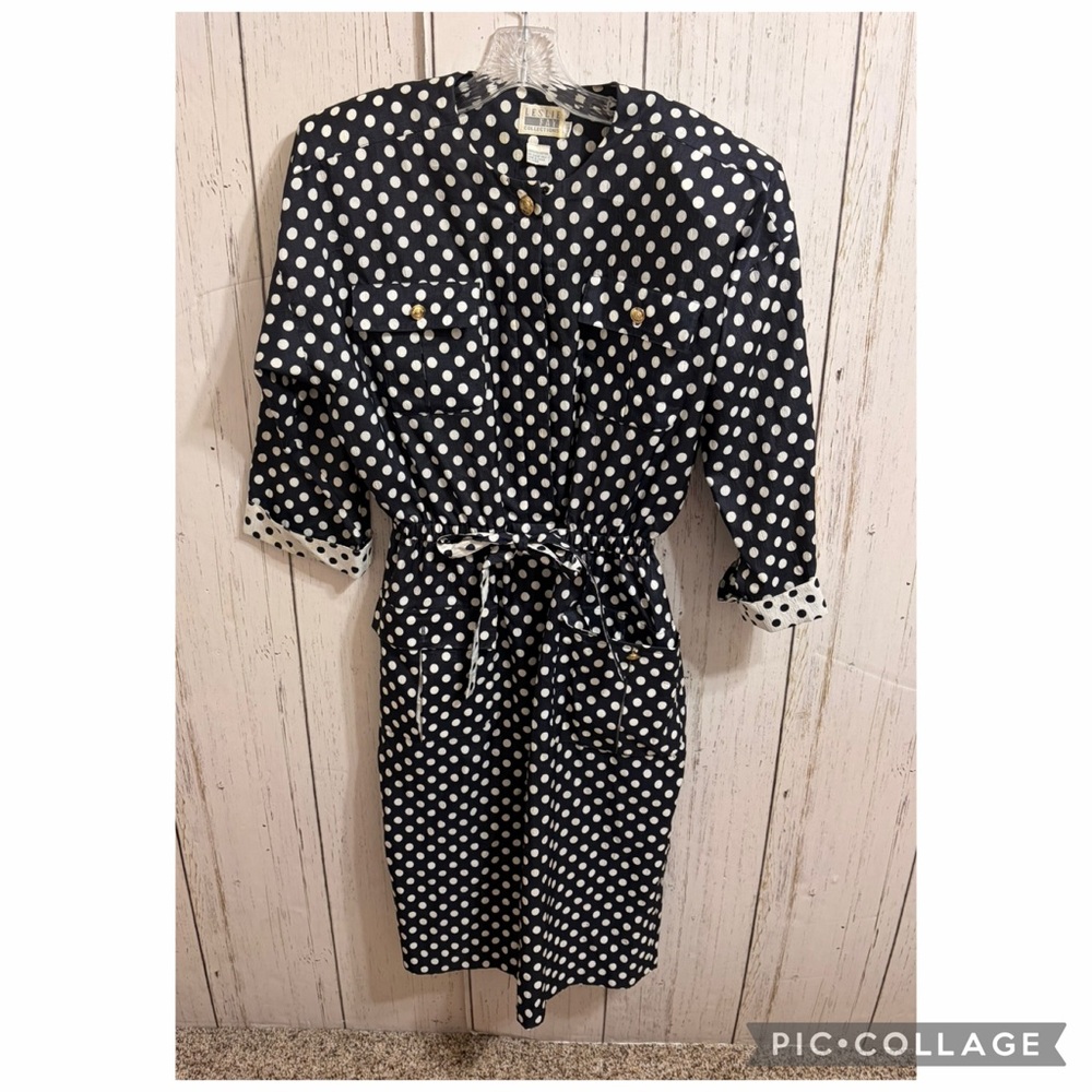 Vintage Leslie Fay Polka Dot Button-Up Dress pockets pleats 3/4 sleeves